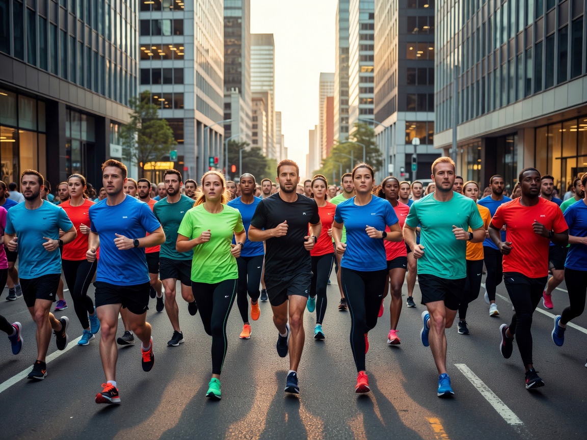 Large group of runners jogging together through urban city streets