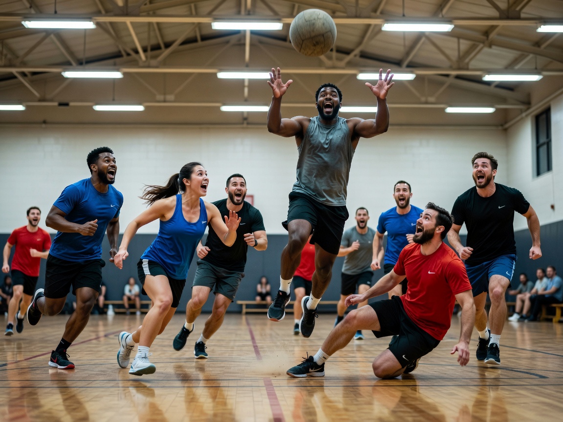 People enthusiastically playing a ball sport in an indoor recreational hall