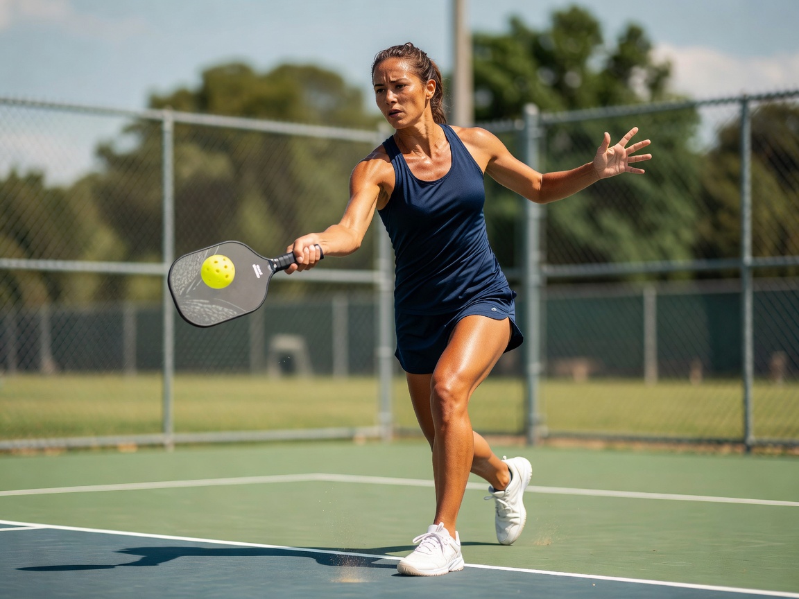 Pickleball player hitting a ball on a sunny outdoor court