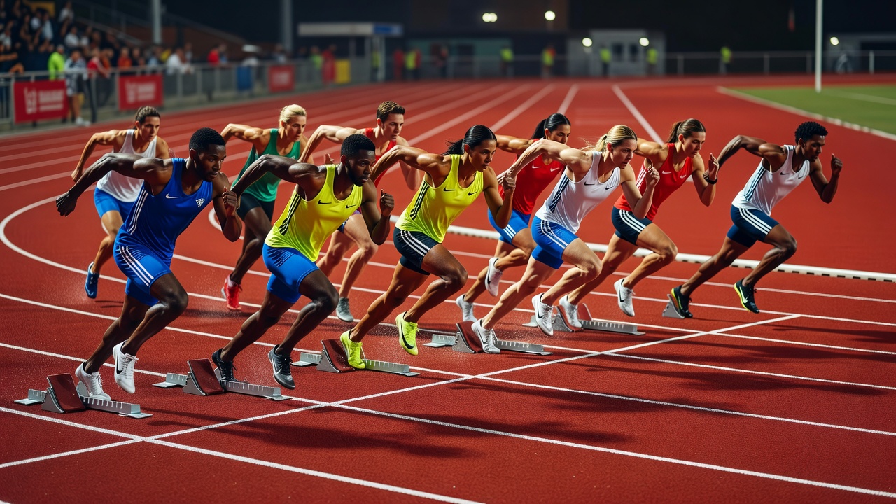 Runners on an athletic track starting a sprint